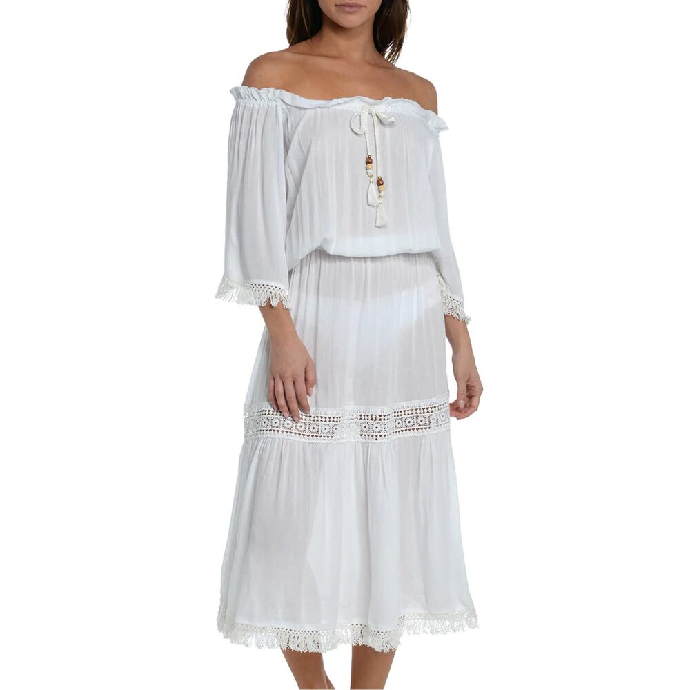 NWT SUNSHINE 79 Off-the-shoulder Crochet Trim Beach Swim Cover-Up Midi Dress